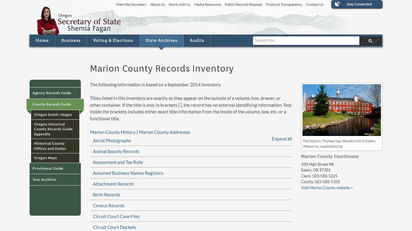 State of Oregon: County Records Guide - Marion County Records Inventory